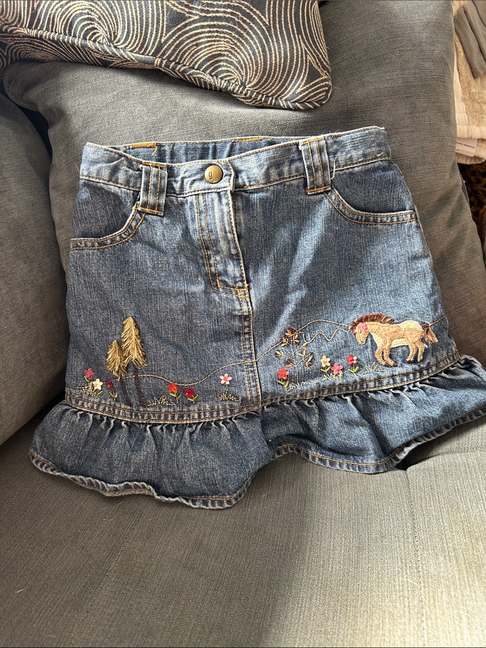 Gymboree Blue Denim Skirt with Pony and Floral Embroidery